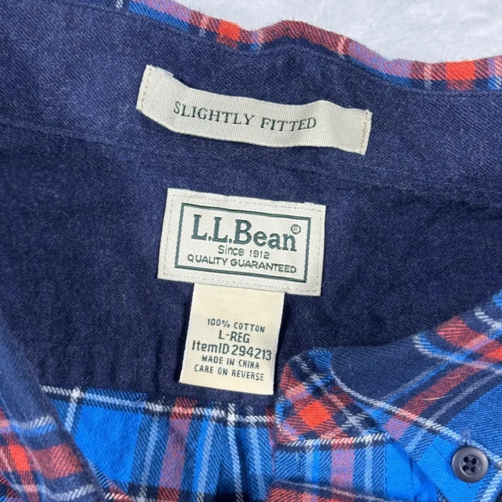 LL‎ Bean Mens Slightly Fitted Flannel Shirt Large Blue Plaid Cotton Long Sleeve