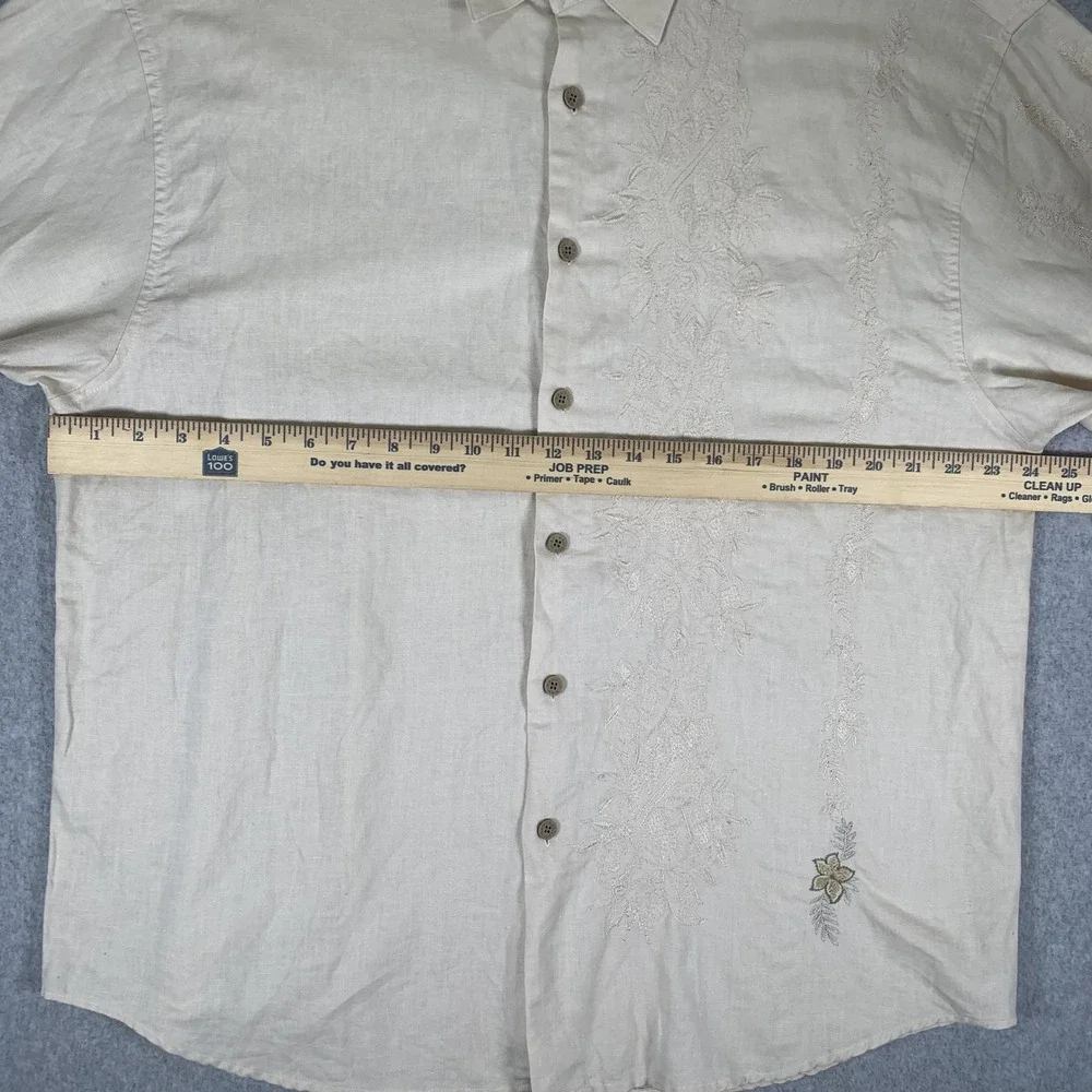 Bamboo Cay Button Down Shirt Mens XL Cream Linen Cotton Floral Embroidered