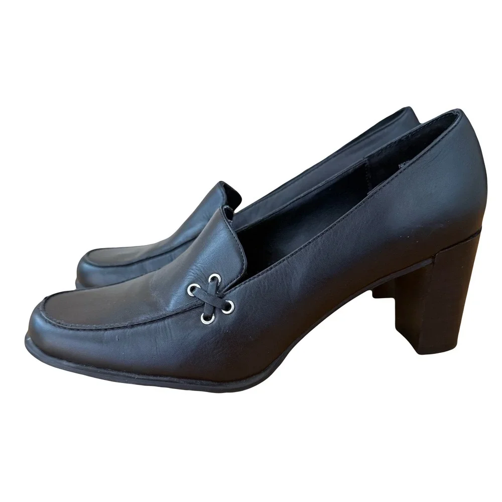 Croft & Barrow Y2K Black Leather Loafer Chunky Heel‎ Shoes Size 7