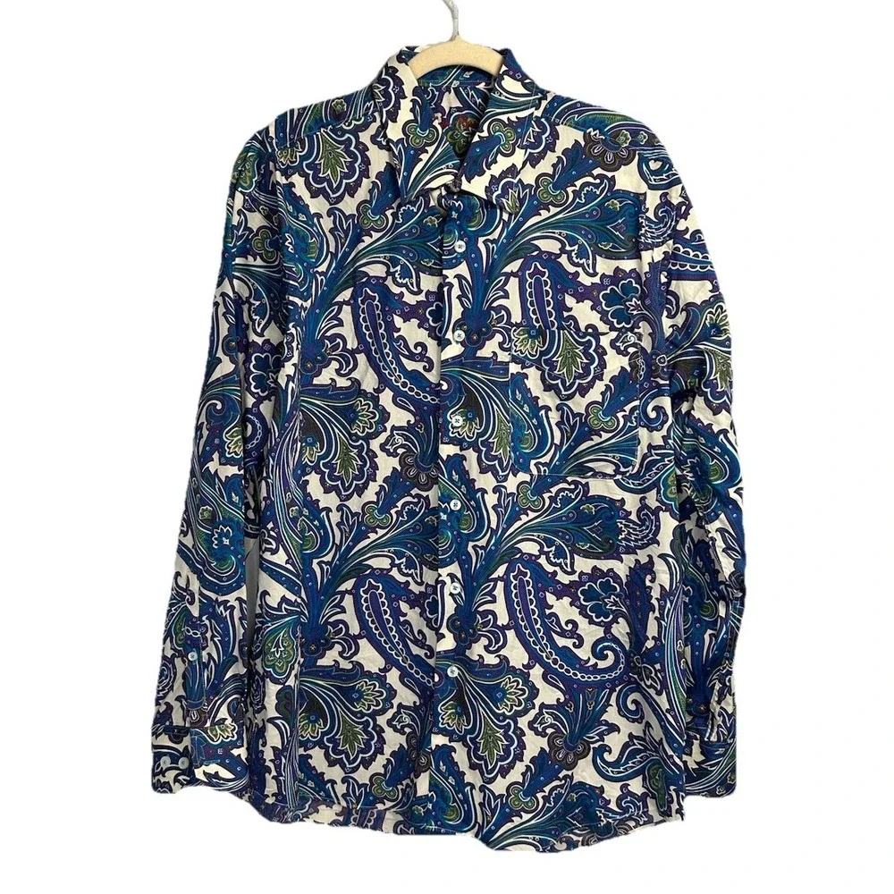 Alan Flusser Dress Shirt Men's Large Purple All Over Paisley Print Nylon Stretch