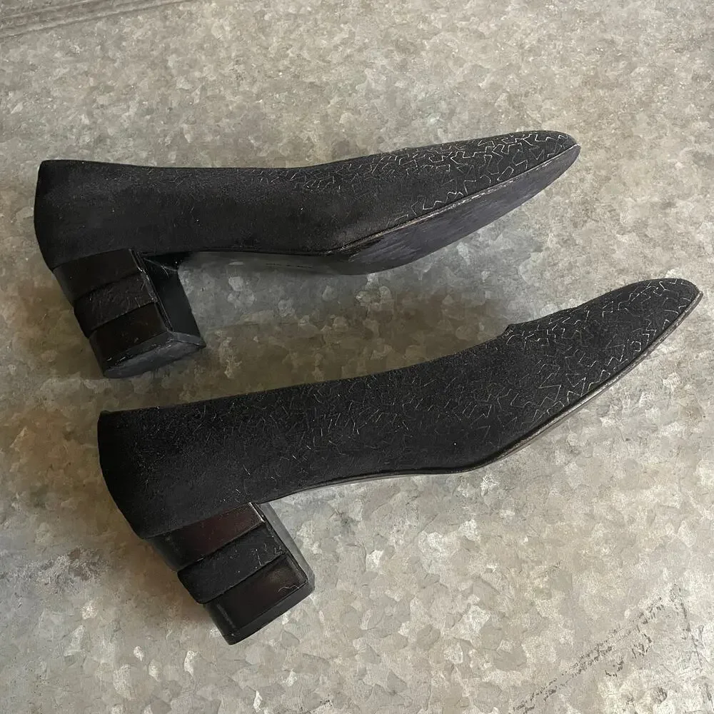 Vintage Salvatore Ferragamo Florence Suede Geometric Block Heel 10 Black Leather