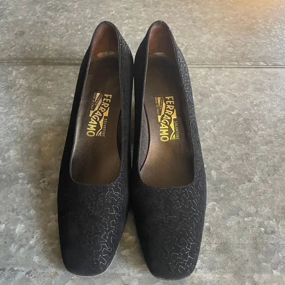 Vintage Salvatore Ferragamo Florence Suede Geometric Block Heel 10 Black Leather
