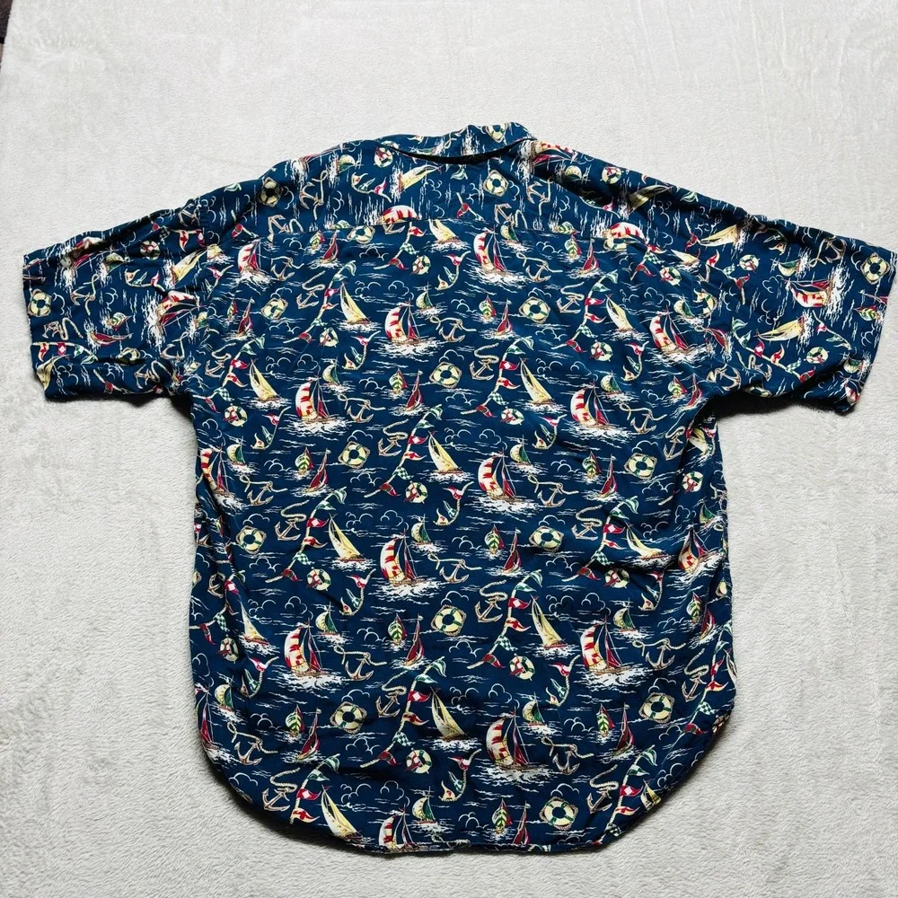 VTG Tommy Hilfiger Camp‎ Shirt 100% Rayon Loop Collar Sailing Nautical Mens L