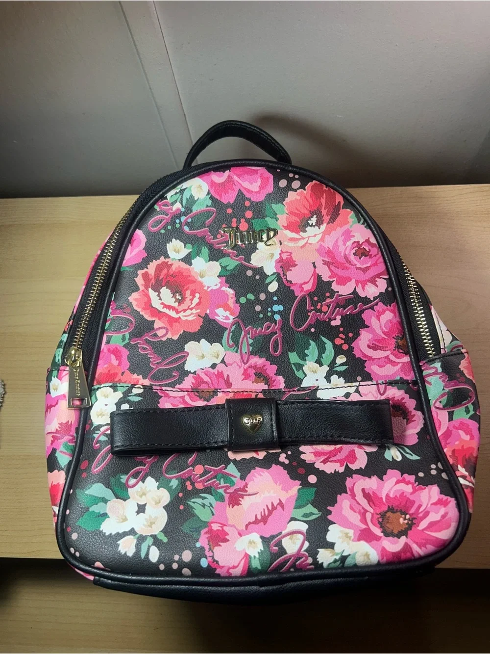 Juicy Couture Black Floral Mini Backpack with Pink Roses