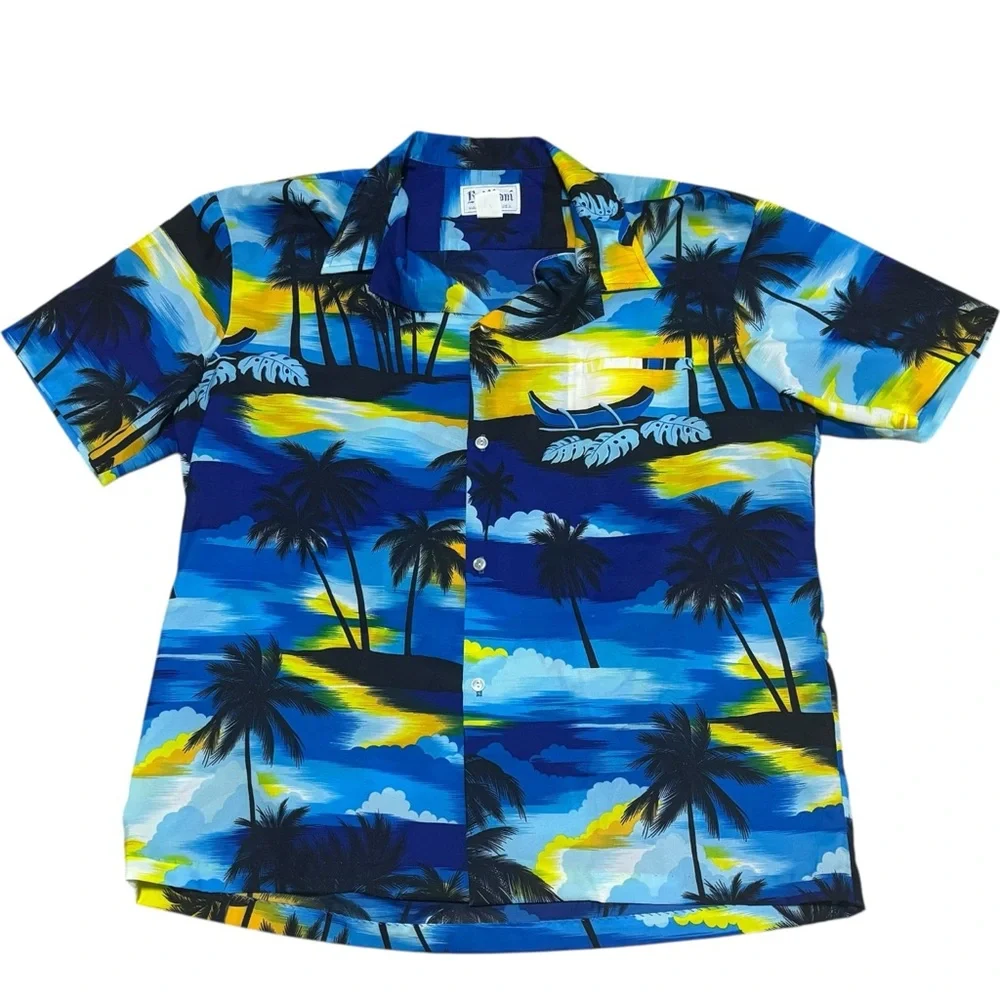 VTG Kai Nani Hawaiian Button Up Shirt Blue Palm Trees Sailboat Sunset Aloha 3XL‎