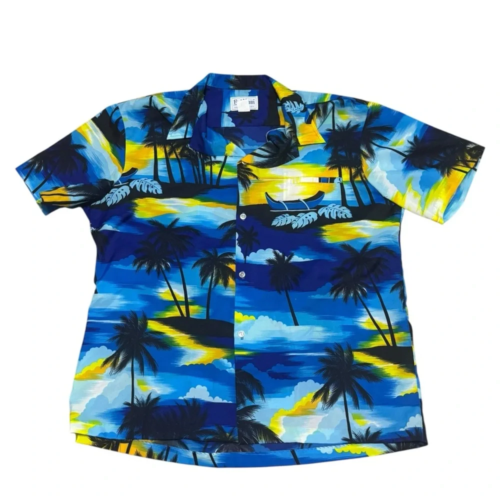 VTG Kai Nani Hawaiian Button Up Shirt Blue Palm Trees Sailboat Sunset Aloha 3XL‎