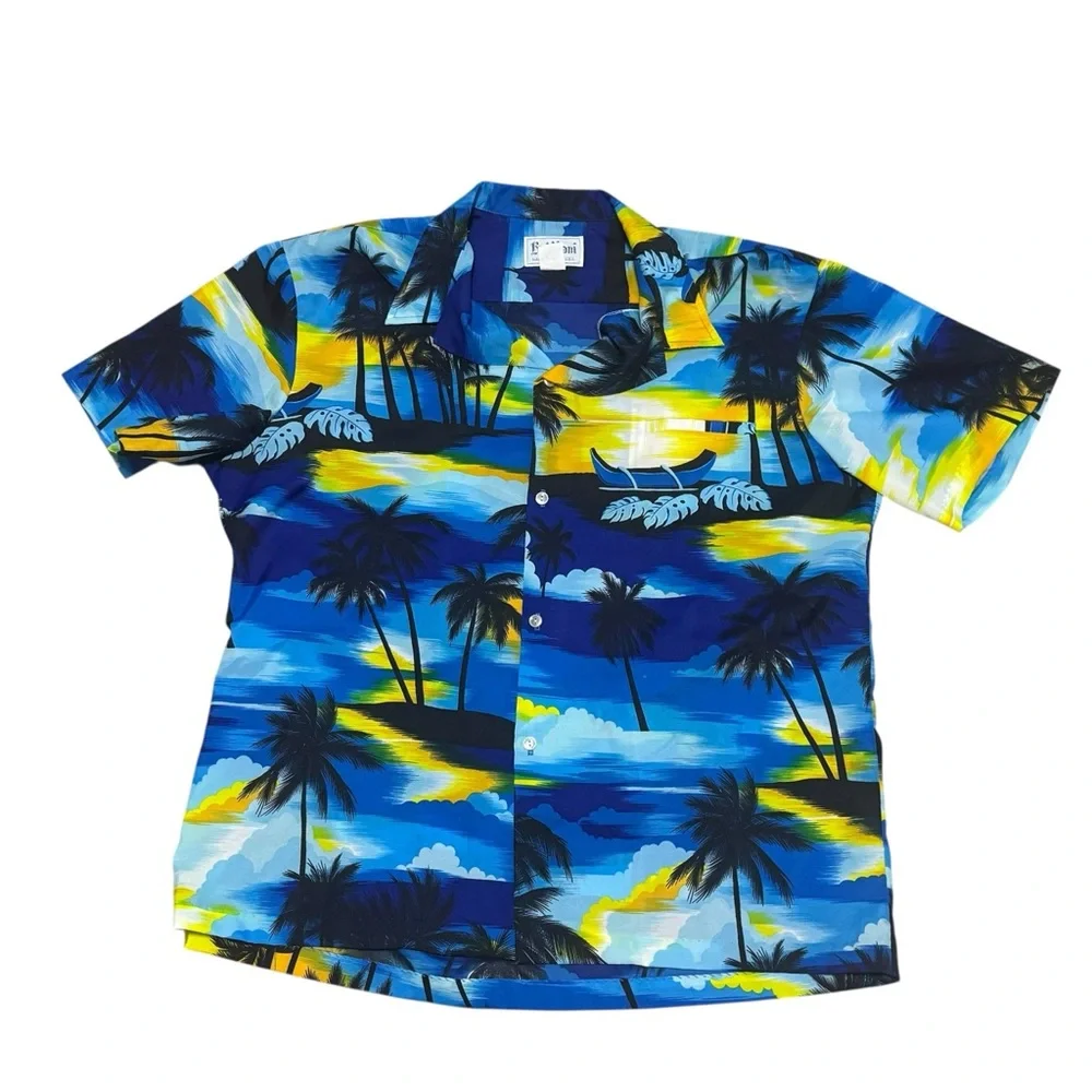 VTG Kai Nani Hawaiian Button Up Shirt Blue Palm Trees Sailboat Sunset Aloha 3XL‎