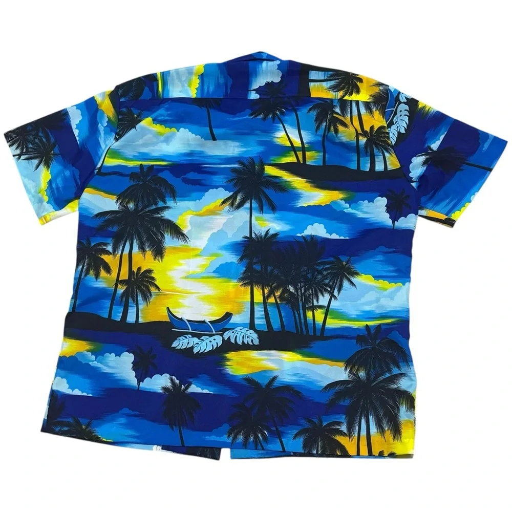 VTG Kai Nani Hawaiian Button Up Shirt Blue Palm Trees Sailboat Sunset Aloha 3XL‎