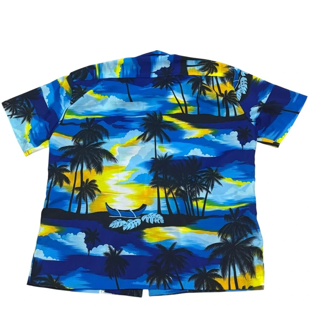 VTG Kai Nani Hawaiian Button Up Shirt Blue Palm Trees Sailboat Sunset Aloha 3XL‎