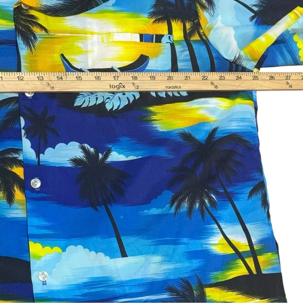 VTG Kai Nani Hawaiian Button Up Shirt Blue Palm Trees Sailboat Sunset Aloha 3XL‎