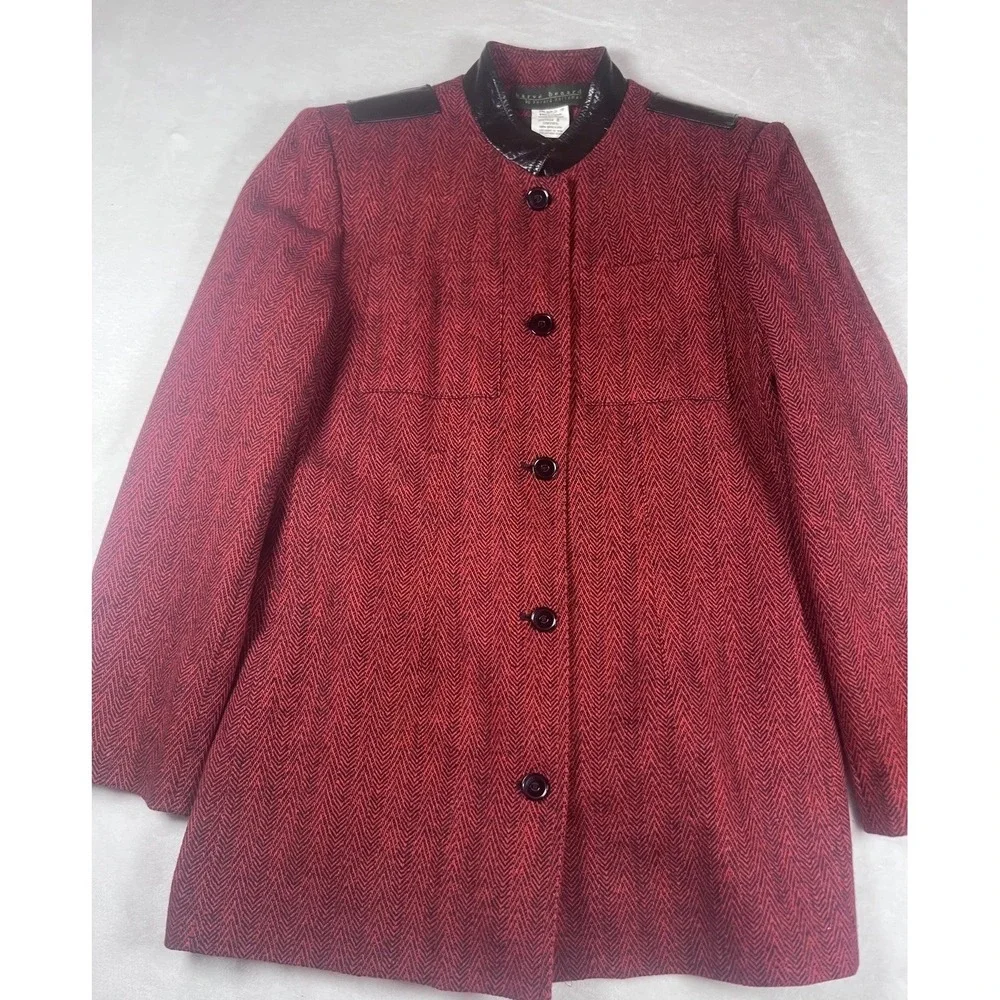 Harve Benard Coat Womens 8 Red‎ Wool Herringbone Faux Leather Trim Mid Length