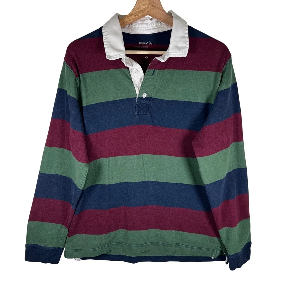 Vtg Old Navy Mens Rugby Shirt Long Sleeve Striped‎ Collar Button Up Size M
