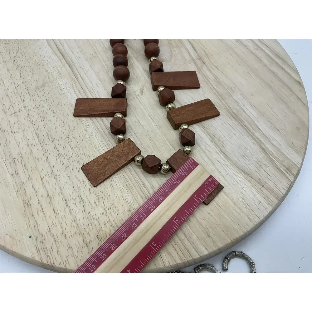 Necklace Brown Wood‎ Beaded Rectangle Pendant Statement 22 In Lobster Womens