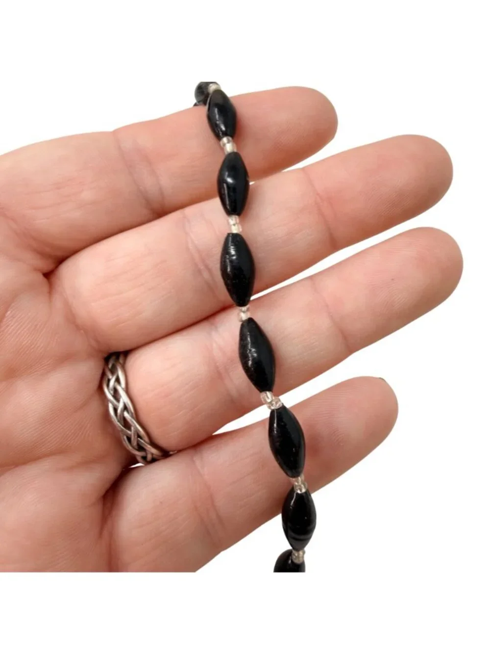 Vintage 1960s Black Glass Bead Necklace Made in‎ India New Old Stock Never Worn