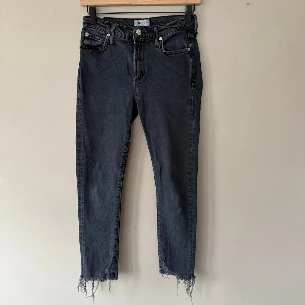 Agolde Toni Mid Rise Straight Leg Distressed Jeans Black‎ Denim Sz 26 Revolve
