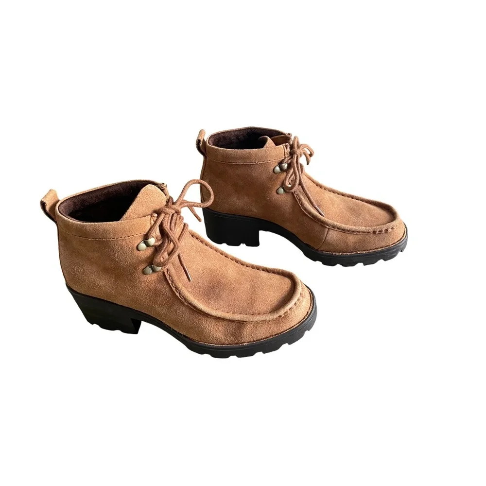 Born Suede Leather Moc Toe Ankle Boots Tan Brown Lug Sole  Womens‎ 8M