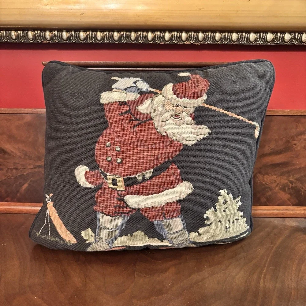 Vintage Golfing‎ Santa  Tapestry Pillow Christmas Decor 11x11 Holiday