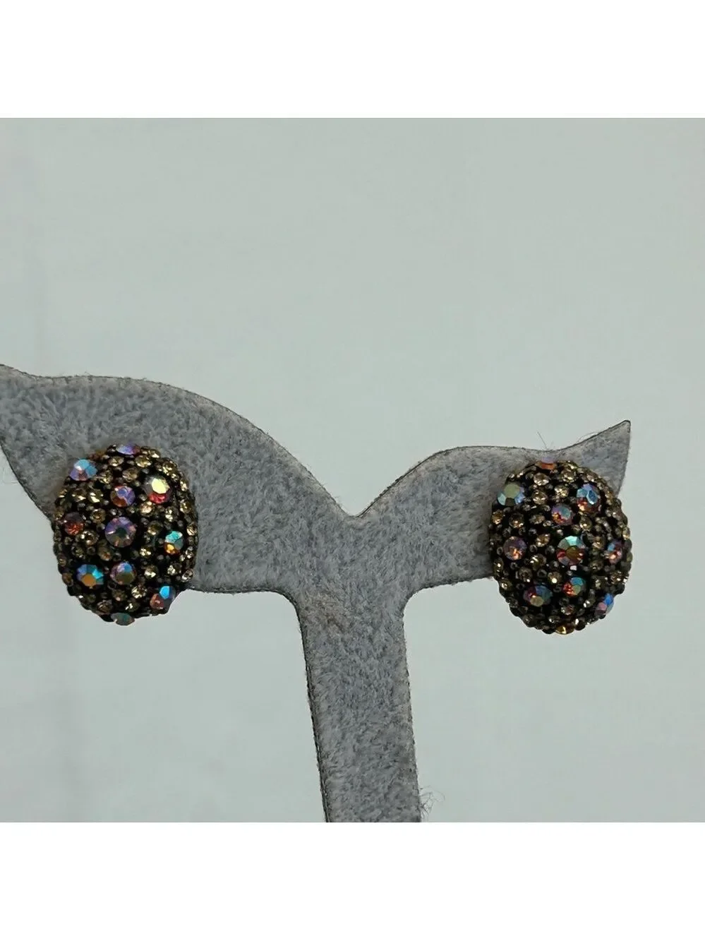 Vintage Amber Aurora borealis AB crystal rhinestone oval clip on earrings