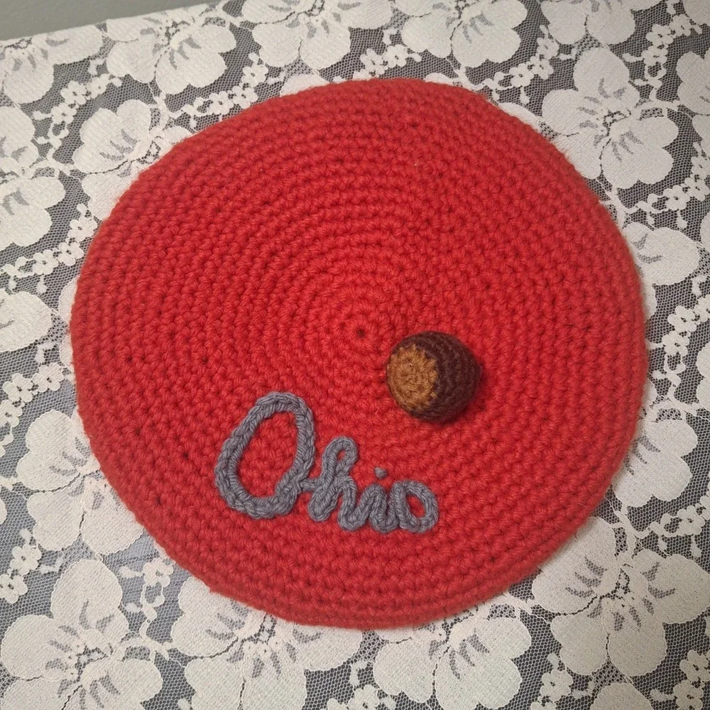 Handmade Red Ohio‎ Crochet Knit Beret Hat Featuring a Brown Acorn