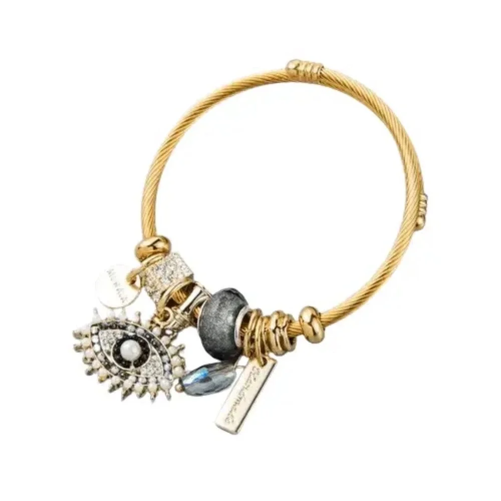 Moraia Gold Tone Evil Eye Cable Bangle Bracelet Crystal Charm Talisman Boho