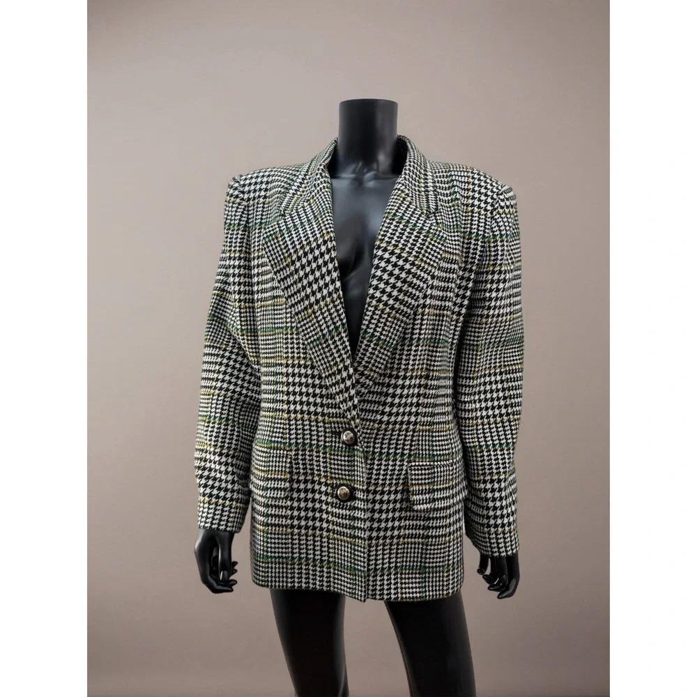 Le Suit Wool Blend Houndstooth Plaid Blazer‎ Black White Tailored Jacket
