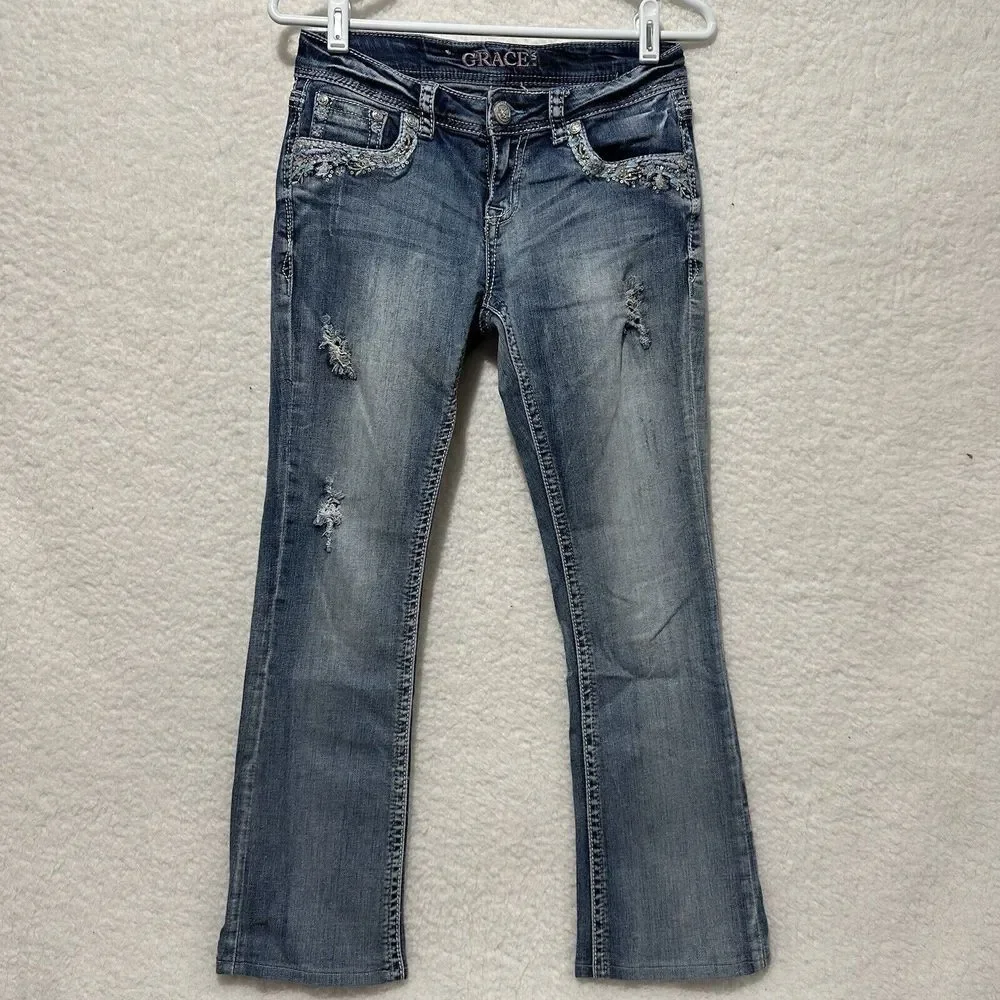 Grace In LA Boot Cut Embellished Embroidered Blue Light Wash‎ Faded Jeans Sz 28