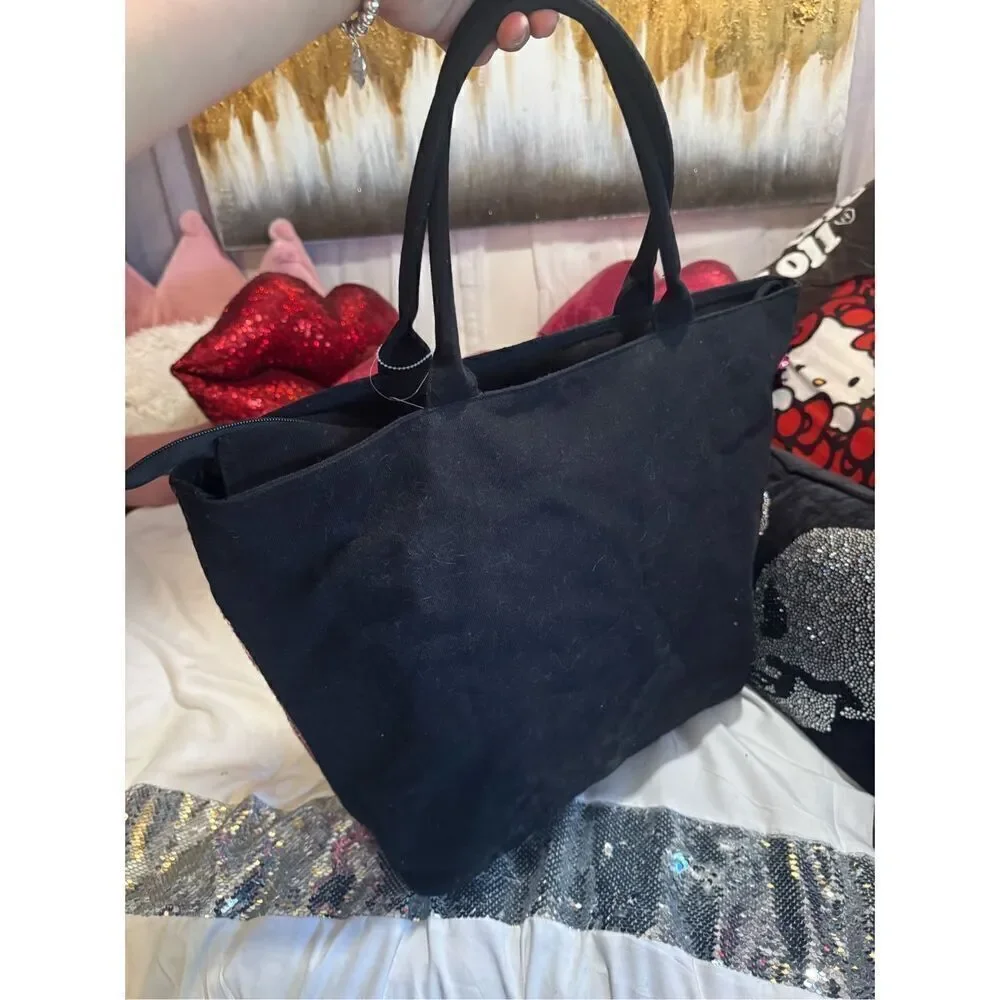 Victorias secret/Vs shopper tote beach bag black/pink signature stripe sequin