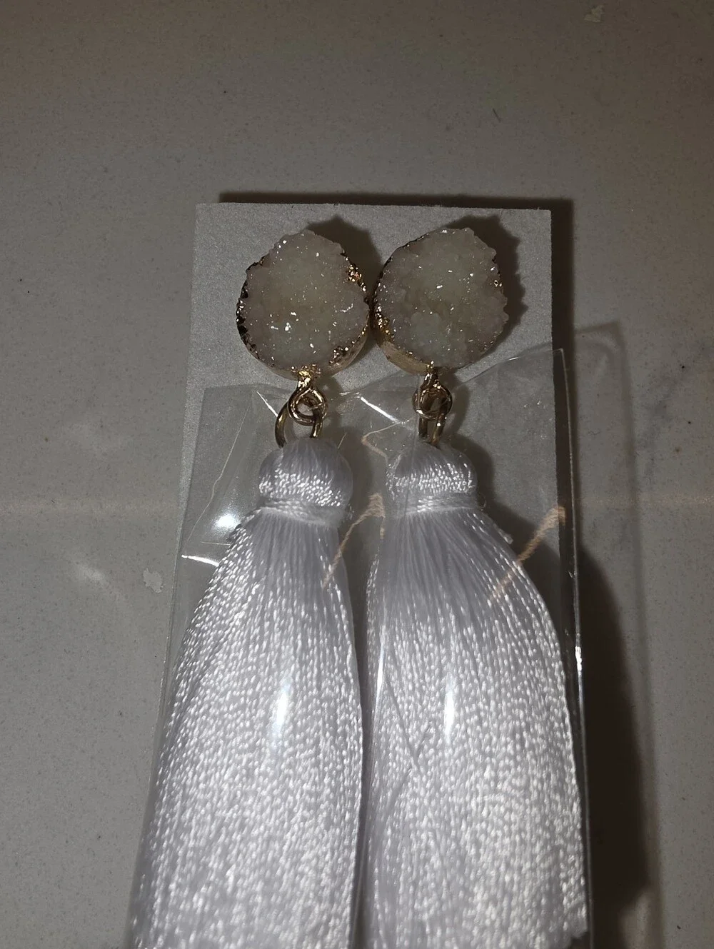 White Sparkling Stone Tassel Earrings Layered 3 Tier Crystal Boho Dangle Drop