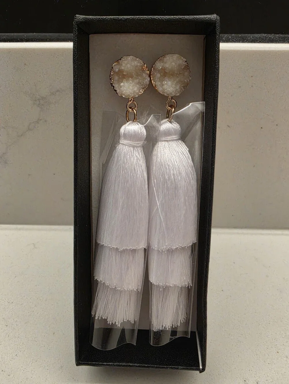 White Sparkling Stone Tassel Earrings Layered 3 Tier Crystal Boho Dangle Drop
