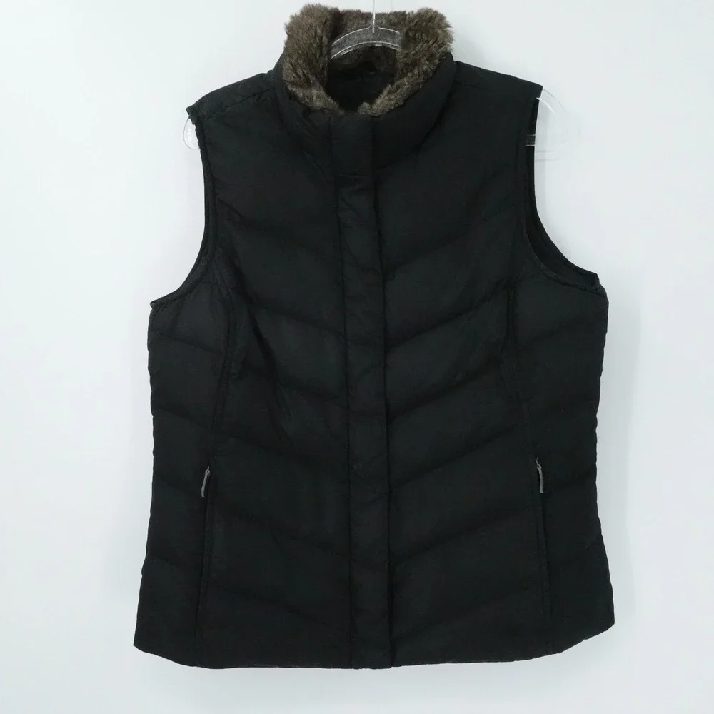 Eddie Bauer‎ Vest Womens M Black Goose Down Quilted Faux Fur Collar Outdoor Fall
