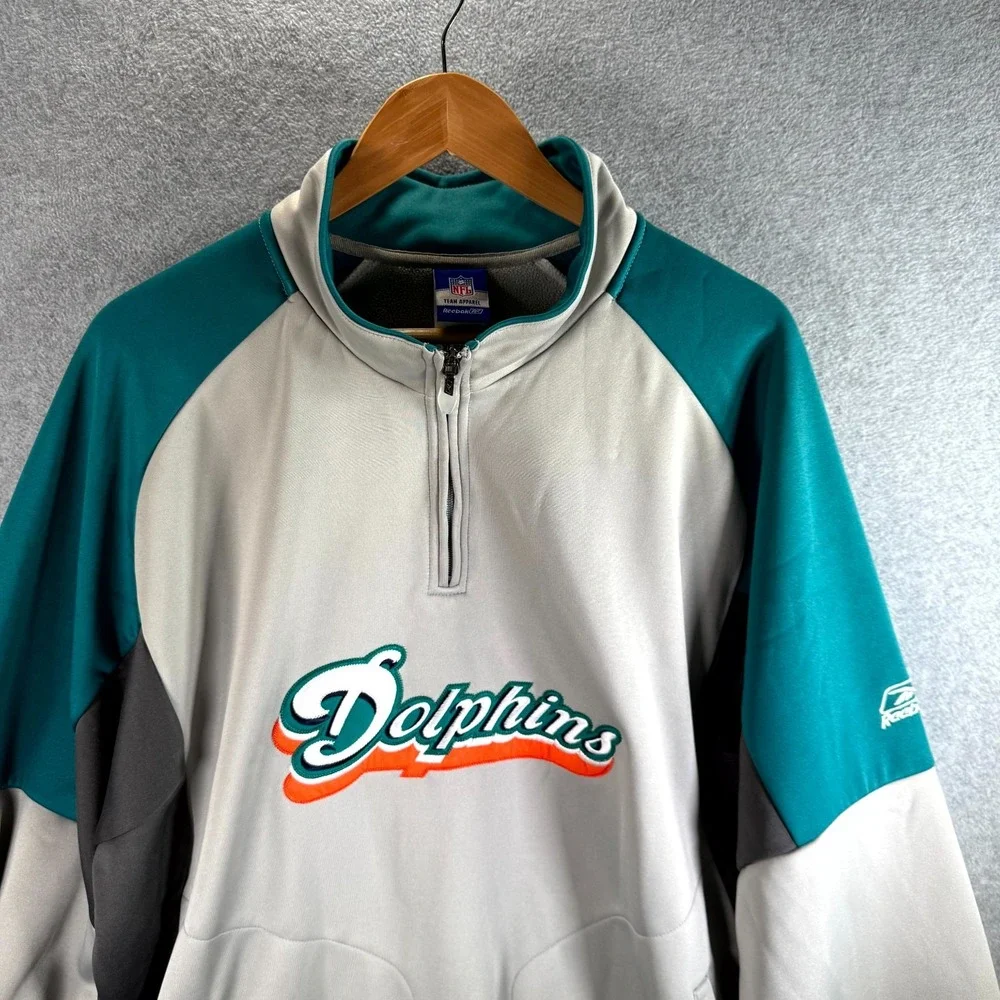 Reebok NFL Miami Dolphins Jacket Mens XL Gray Teal Fleece Lined 1/4 Zip Pullover