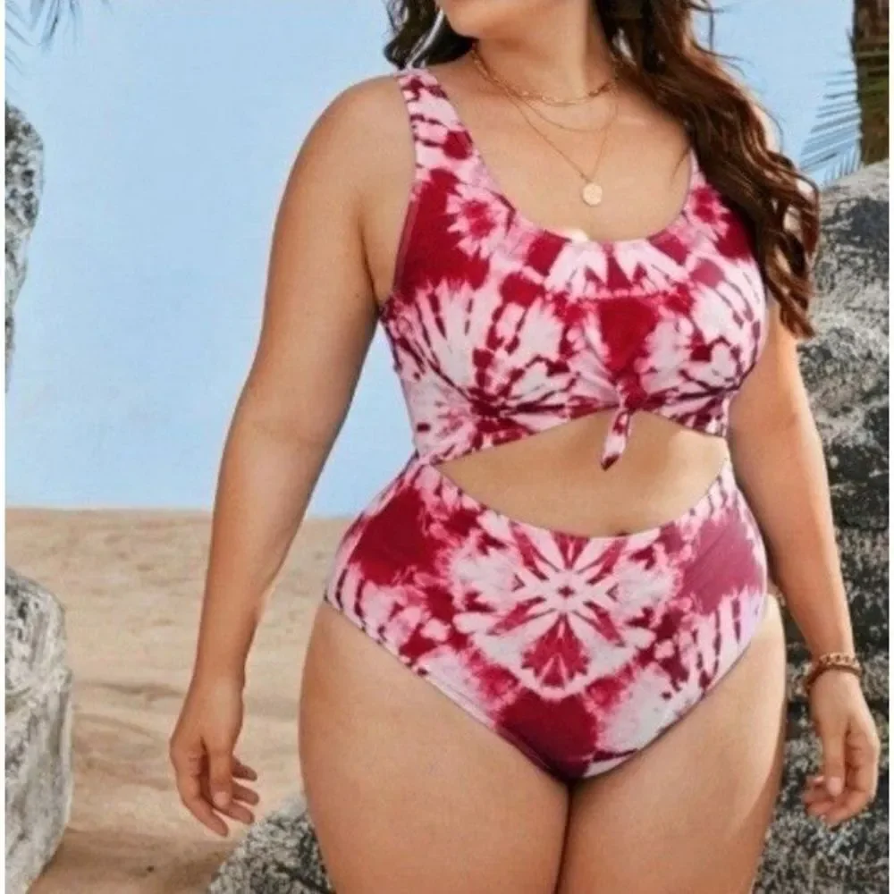 Plus Size Tie Dye Cut Out Knot Front One Piece Swimsuit sz 0X