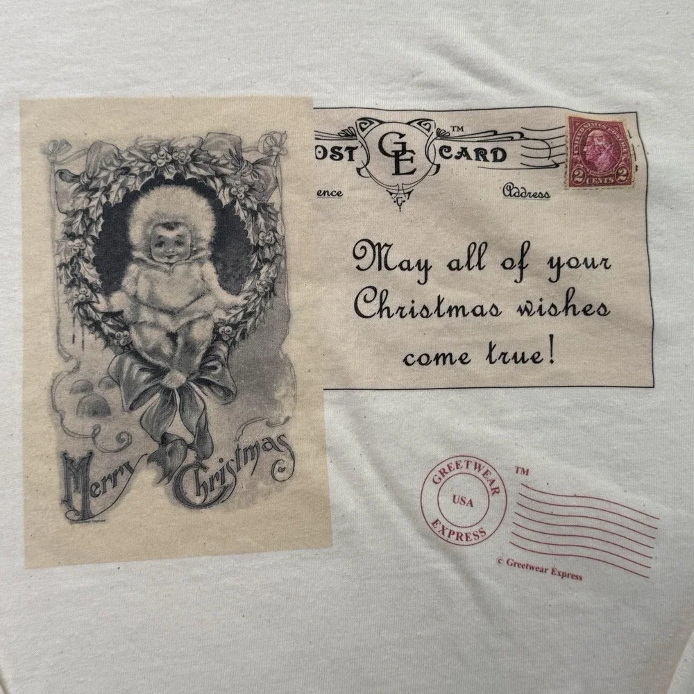 Vintage Greetwear Express Christmas LS Shirt Santa Postcard Hanes‎ Beefy T - M
