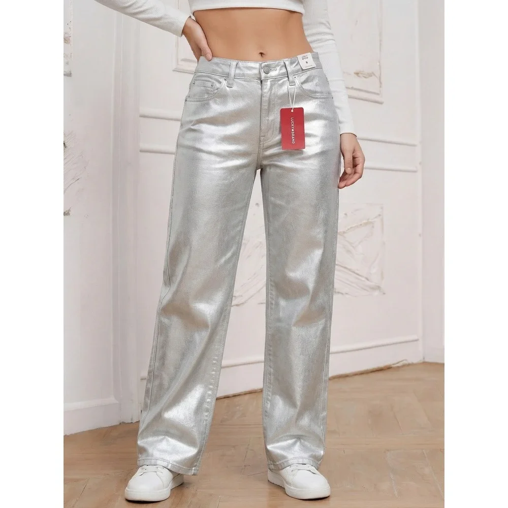 NEW Lucky Brand 90s Loose High Rise Crop Metallic Silver‎ Stretch Jeans 6/28