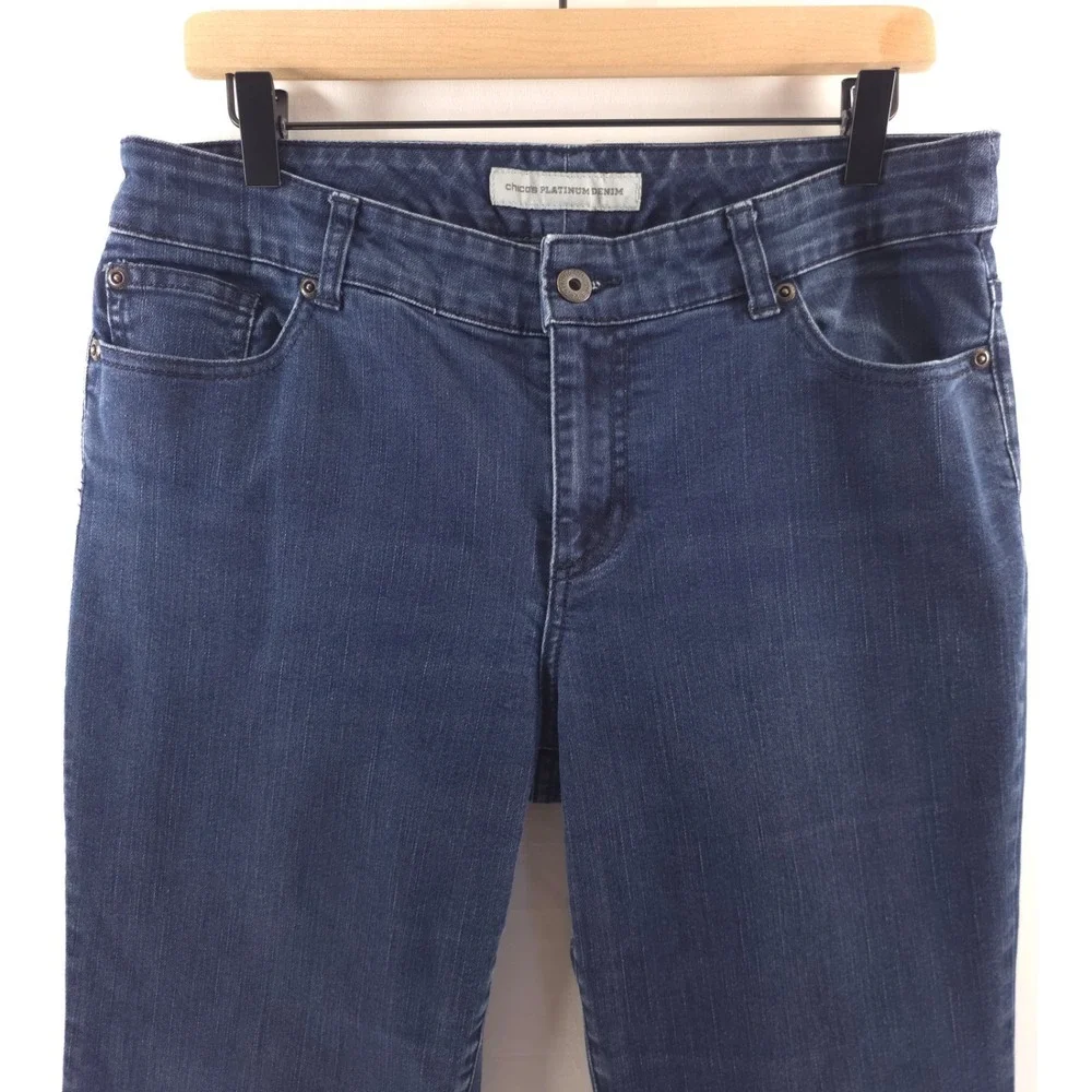 Chico's Women Jeans Platinum Denim 1.5R (US 10R) Dark Blue Straight Leg‎ Stretch
