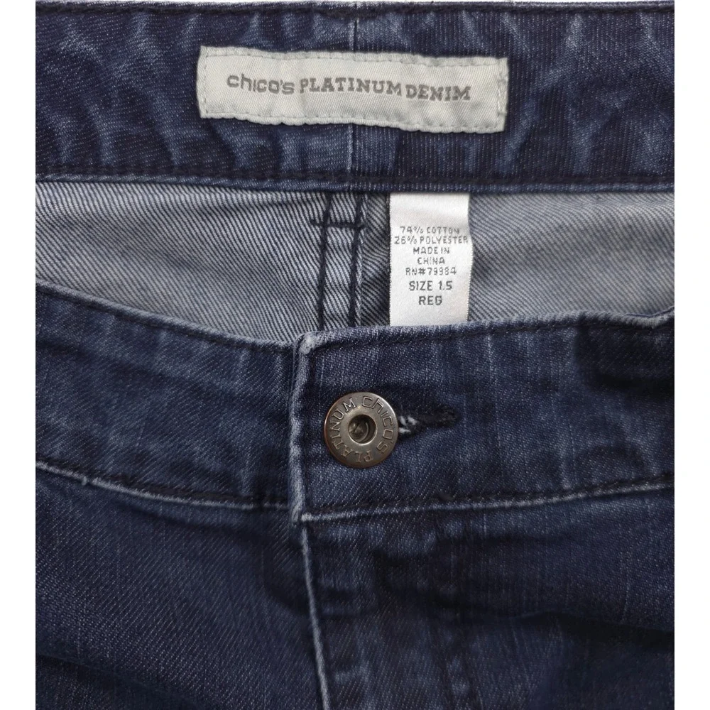 Chico's Women Jeans Platinum Denim 1.5R (US 10R) Dark Blue Straight Leg‎ Stretch