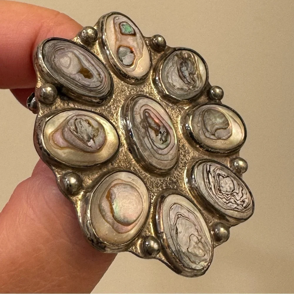 Sterling Silver .925 & Abalone Shell Brooch Taxco Mexico TE52 Vintage 70s 80s