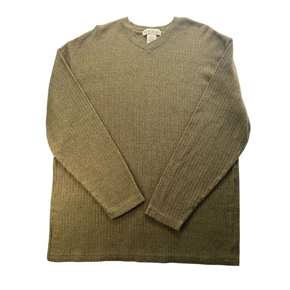 Vintage Benchline L Knit Sweater Fisherman Ribbed Crewneck Pullover Mens‎ Olive