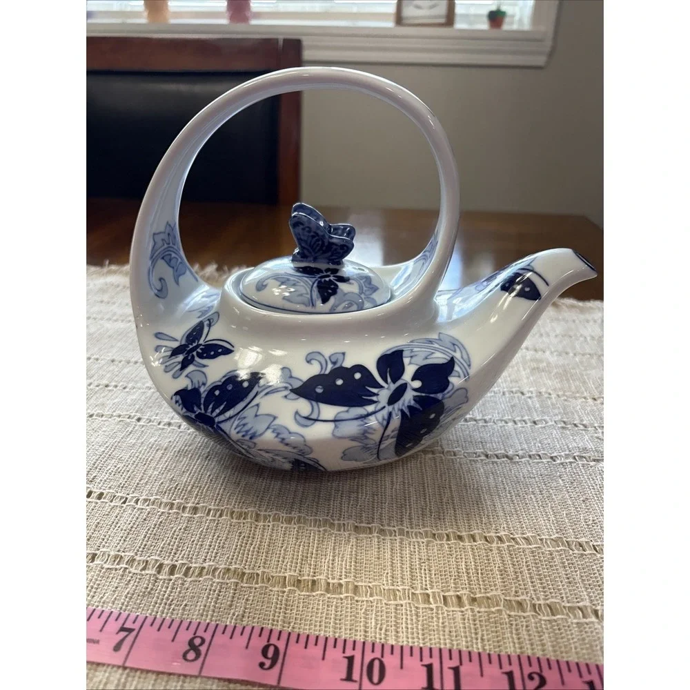 PORCELAIN TEA POT, BLUE AND WHITE BUTTERFLIES MADE‎ FOR PIER 1