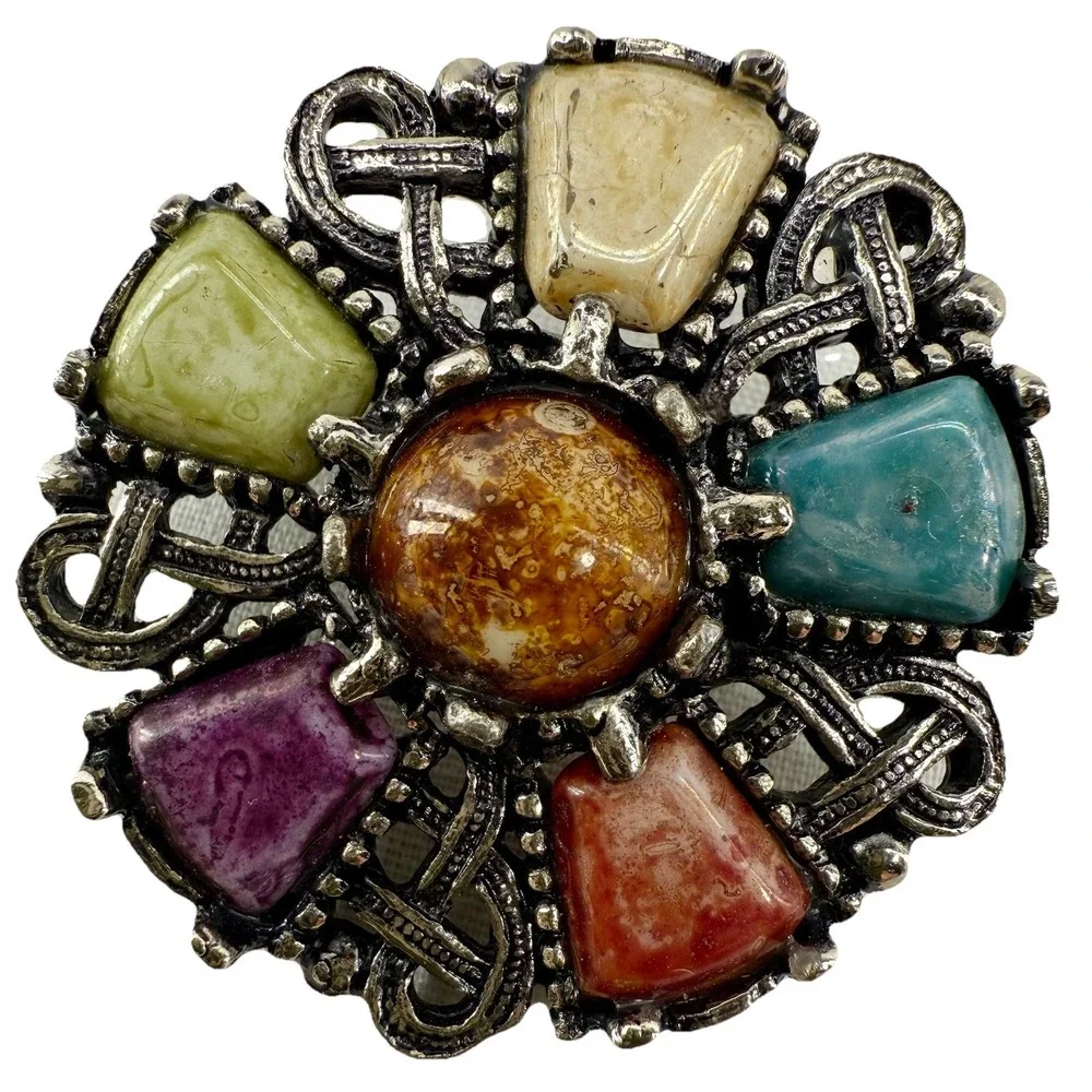 Celtic Scottish‎ Shield Glass-Look Silver-Tone Brooch Scarf Clip 1.5
