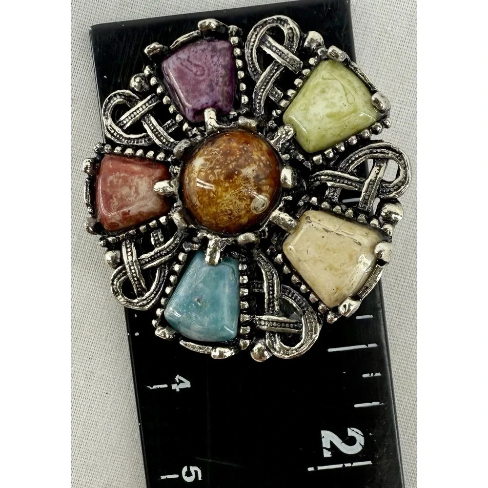 Celtic Scottish‎ Shield Glass-Look Silver-Tone Brooch Scarf Clip 1.5