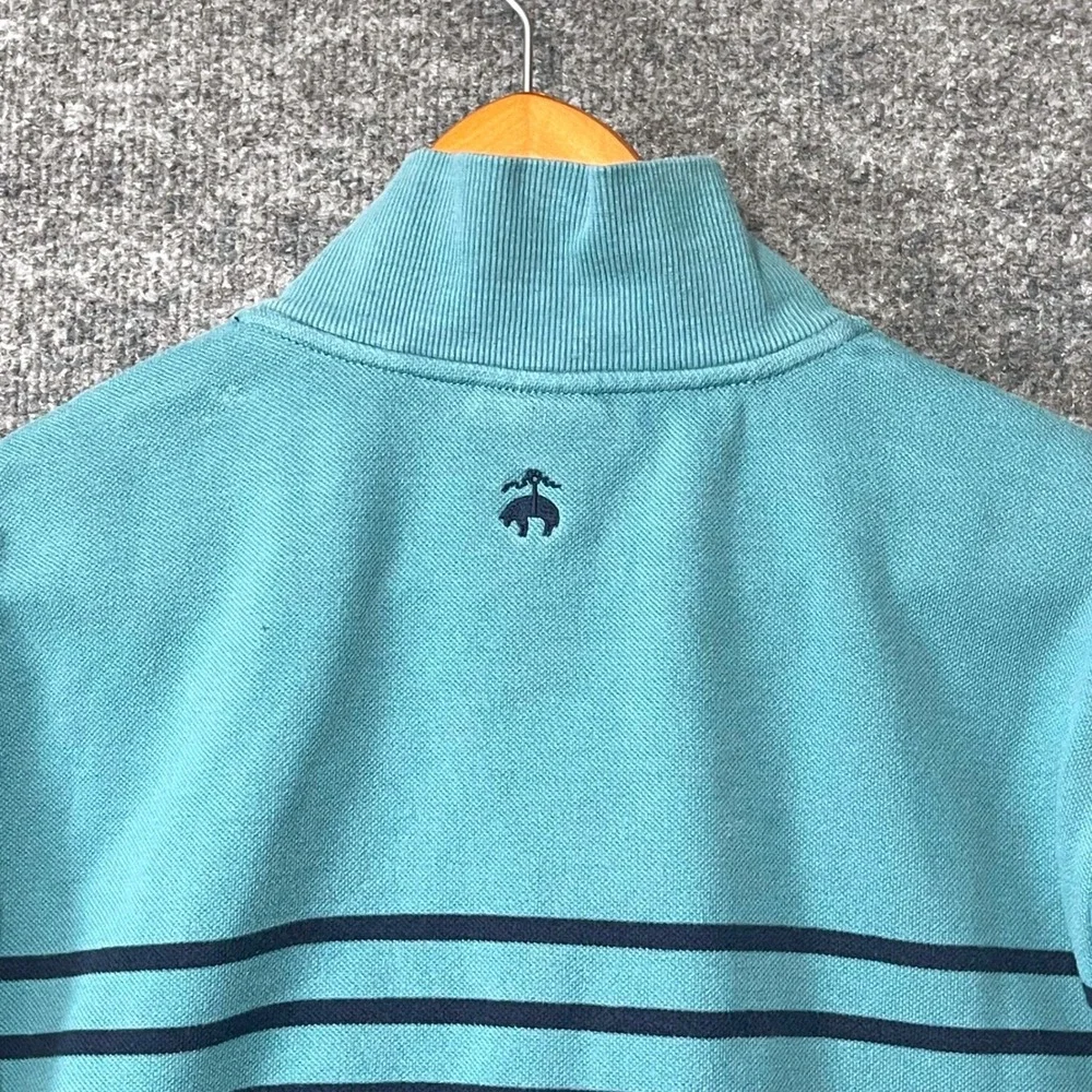 Brooks Brothers Mens Large Teal Navy Striped Quarter Zip Pique Pullover Sweater
