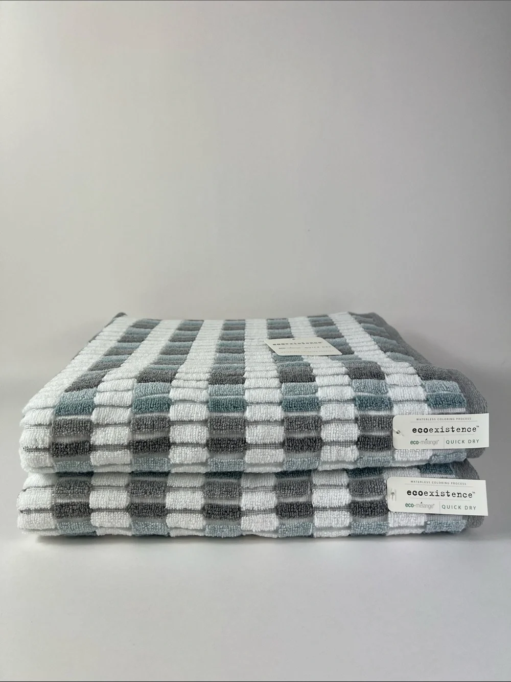 Ecoexistence Zero Twist Loops Bath Towel Set - Blue Gray White Stripe - 2 Pc NEW