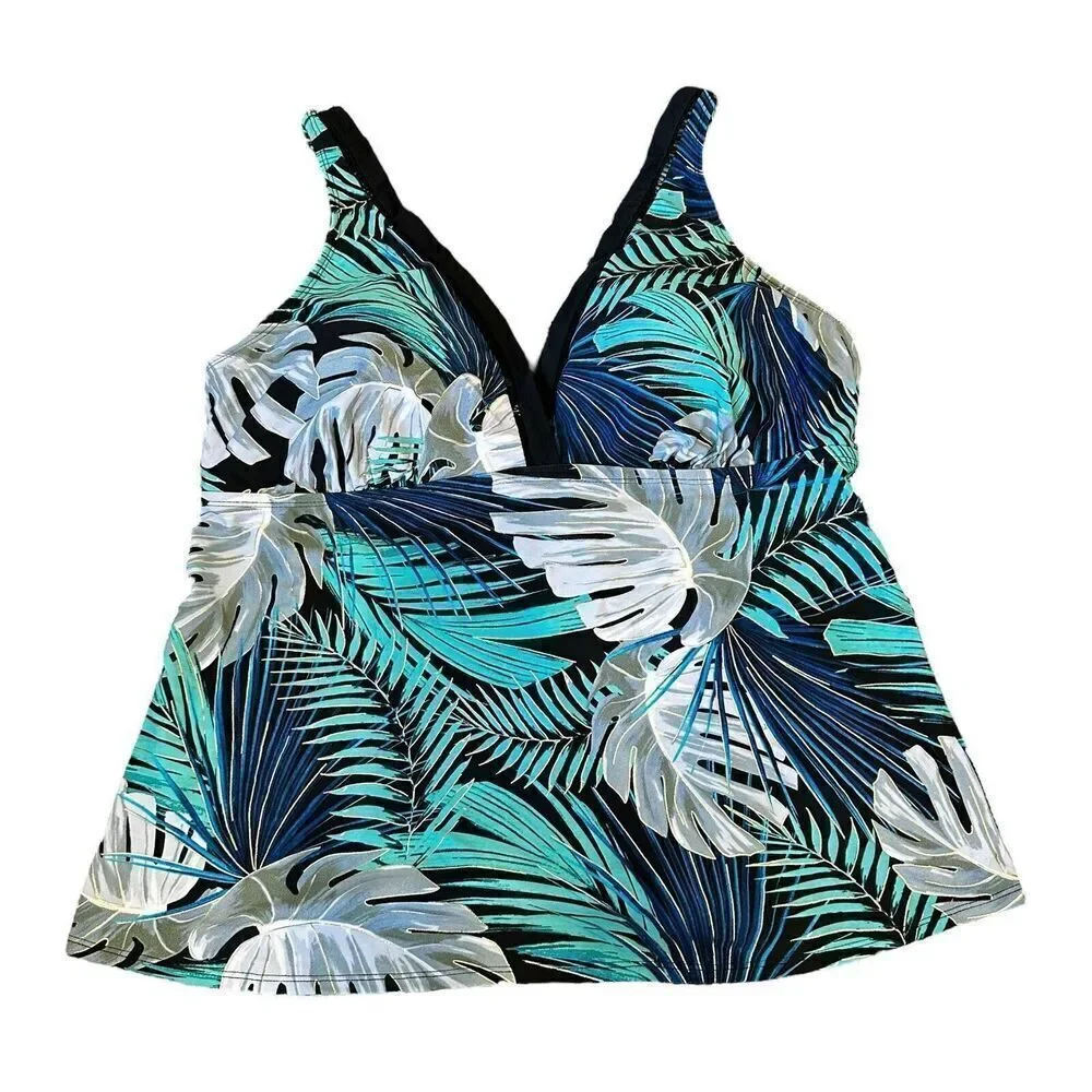 ST JOHN'S BAY Women's‎ Swiming Tankini Black Green Leaf Padded Bra Print 22W