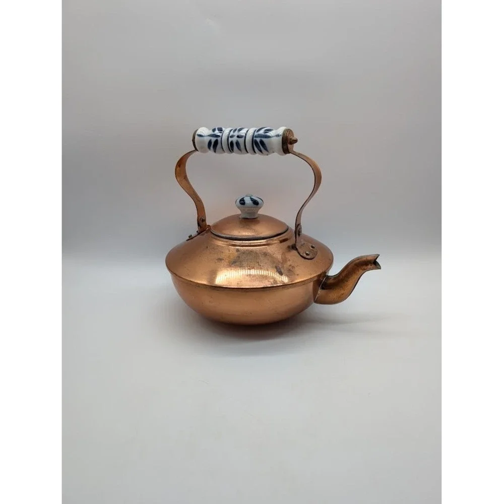 Vtg Douro B&M Copper Teapot Teakettle Cottage Country Farmhouse Ceramic Handle
