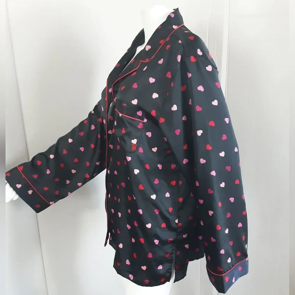 VICTORIA'S SECRET Black Satin Pink Hearts Pajama Shirt Sz XL