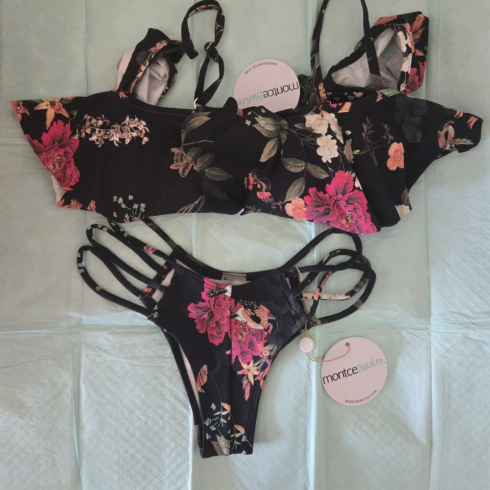Black Floral Ruffle Bikini