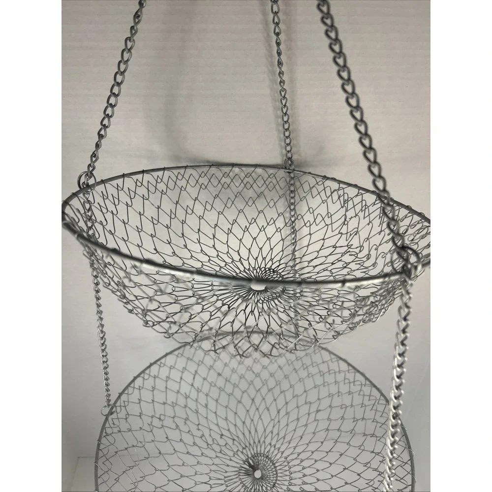 2-Tier Kitchen Hanging Fruit Basket Wire Hanging Collapsible Basket Read Vtg
