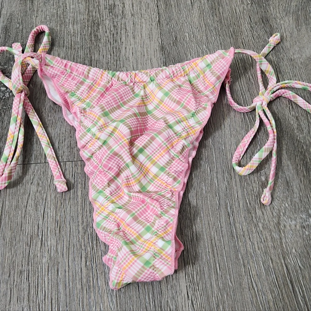 New!Pink X Frankies Bikini‎ Reign Thong Bikini Bottom -Strawbery Plaid