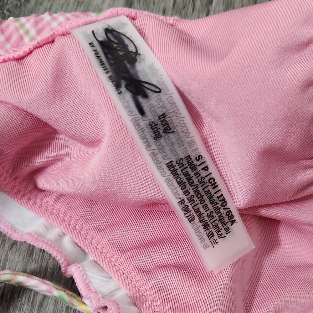 New!Pink X Frankies Bikini‎ Reign Thong Bikini Bottom -Strawbery Plaid